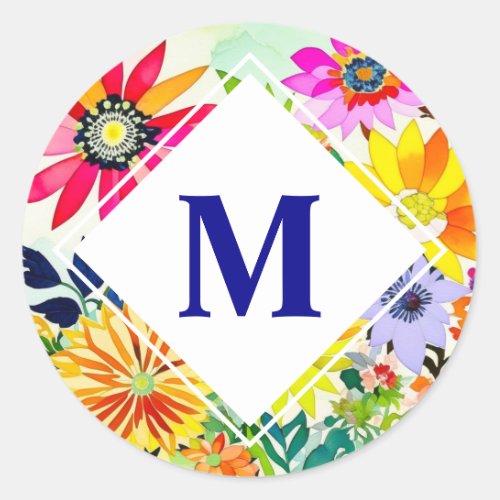 Watercolor Flowers Monogrammed  Classic Round Sticker