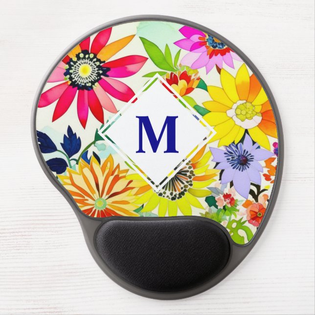 Watercolor Flowers Monogrammed  Gel Mouse Pad (Front)