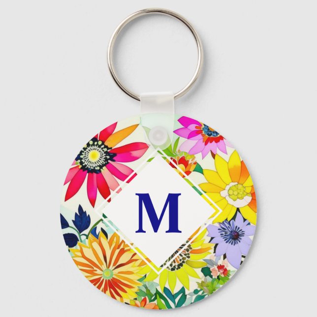 Watercolor Flowers Monogrammed  Keychain (Front)