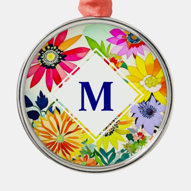 Watercolor Flowers Monogrammed  Metal Ornament (Front)