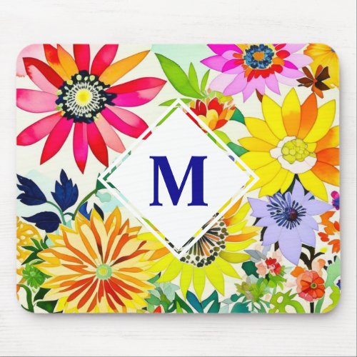 Watercolor Flowers Monogrammed  Mouse Pad