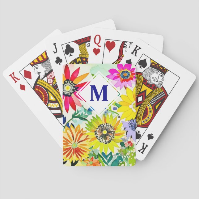 Watercolor Flowers Monogrammed  Poker Cards (Back)