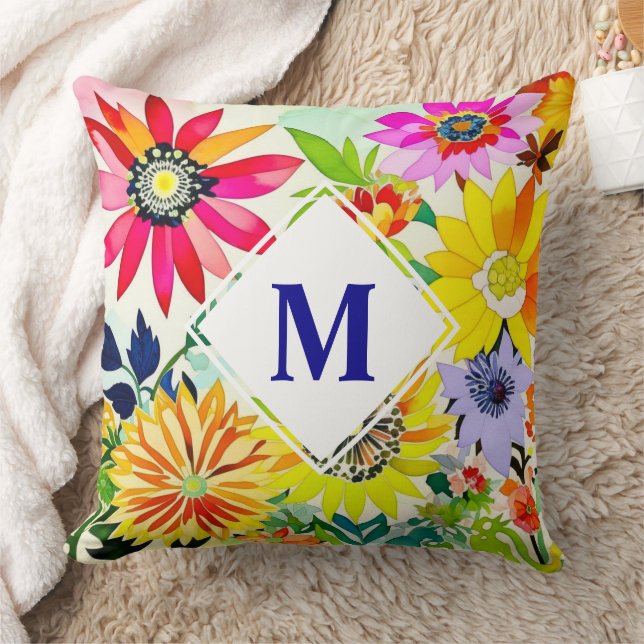 Watercolor Flowers Monogrammed  Throw Pillow (Blanket)