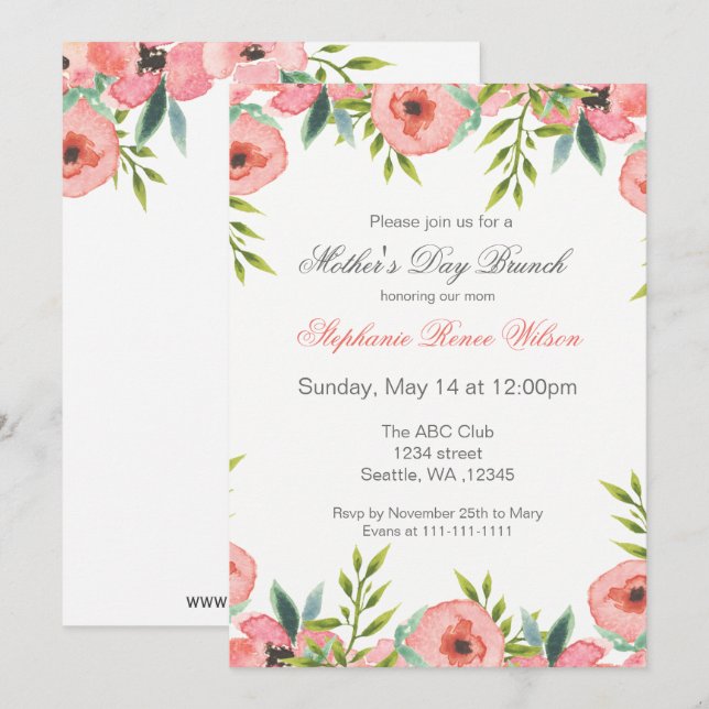Watercolor Flowers Mother's Day Brunch Invites (Front/Back)
