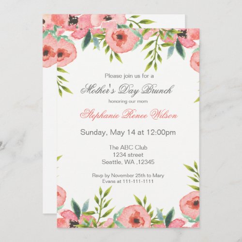 Watercolor Flowers Mothers Day Brunch Invites