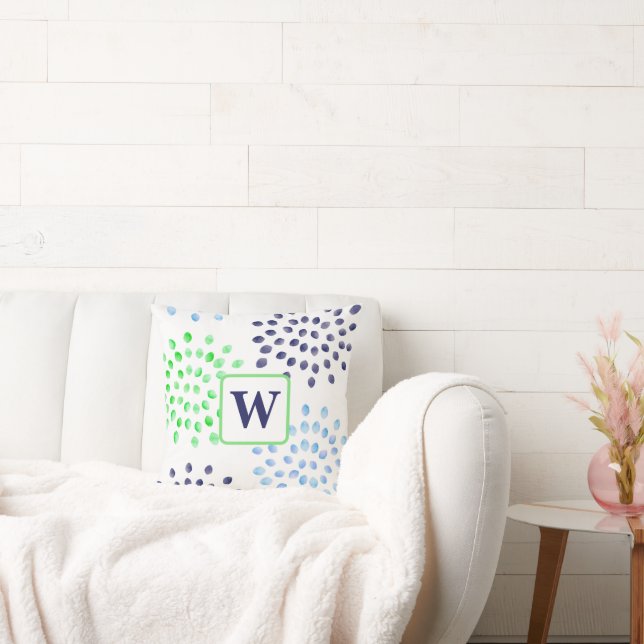 Watercolor Flowers Mums Navy Green Blue Monogram Throw Pillow (Couch)