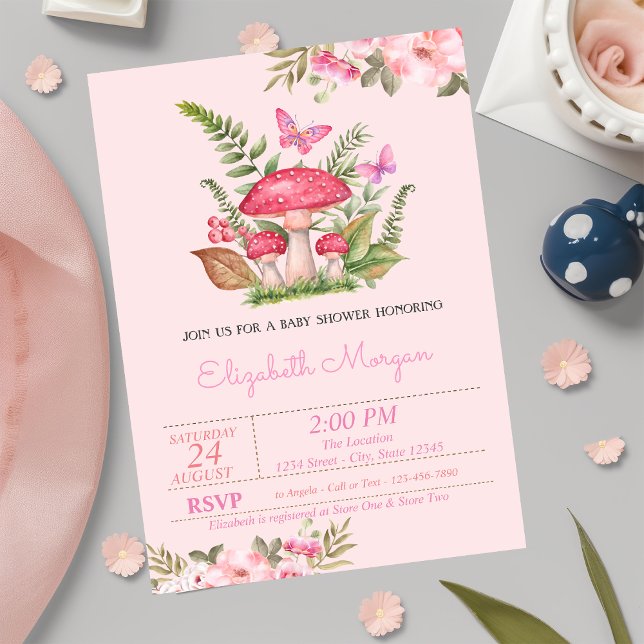 Watercolor Flowers Mushroom Butterfly Baby Shower  Invitation (Creator Uploaded)