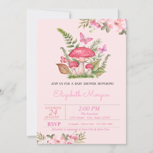 Watercolor Flowers Mushroom Butterfly Baby Shower  Invitation