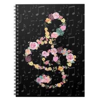 Watercolor Flowers Music Treble Clef On Black Notebook by musickitten at Zazzle