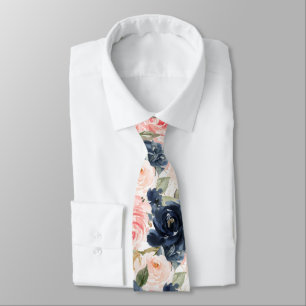Watercolor Flowers Navy Blue Blush Pink Roses   Neck Tie