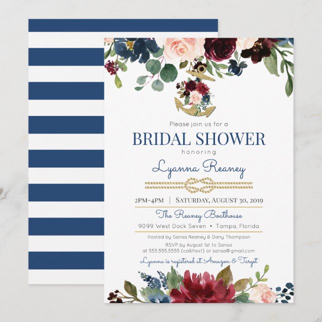 Watercolor Flowers Navy Nautical Bridal Shower Invitation (Front/Back)