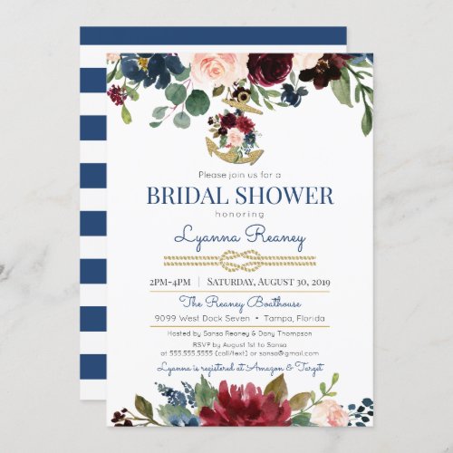 Watercolor Flowers Navy Nautical Bridal Shower Invitation