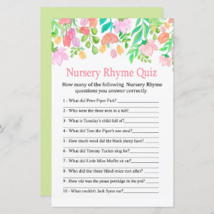 Watercolor Flowers Nursery Rhyme Quiz baby shower
