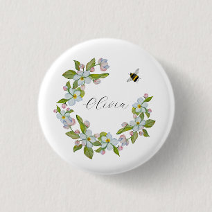 Watercolor flowers of garden trees and bumblebee button