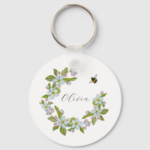 Watercolor flowers of garden trees and bumblebee keychain