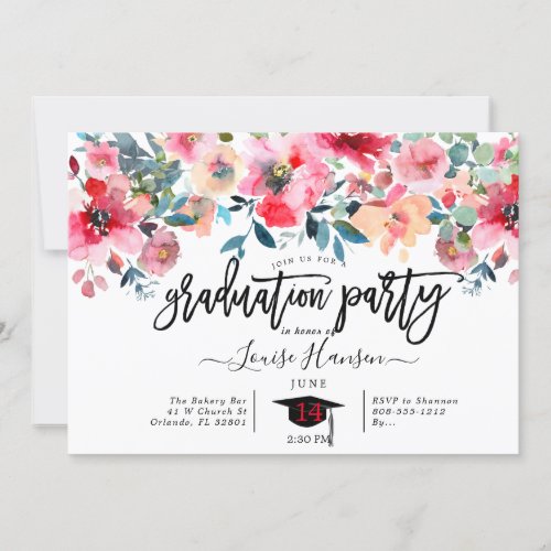 Watercolor Flowers Ombre Roses Graduation Party Invitation