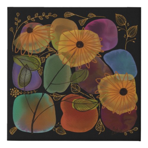 Watercolor Flowers on Black Beautiful  Faux Canvas Print