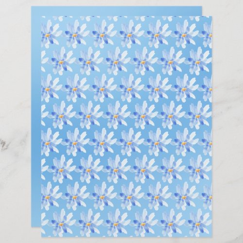 Watercolor Flowers on Blue Scrapbook Paper Sheet