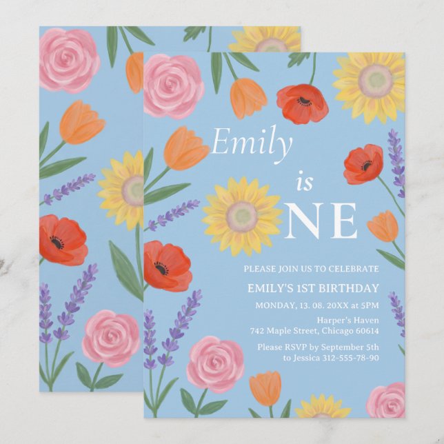 Watercolor Flowers One First Year Birthday Invite (Front/Back)