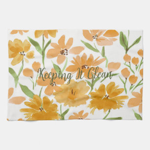 Watercolor Flowers Orange "Keeping It Clean" Kitchen Towel