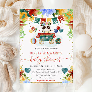 Watercolor Flowers Panda Baby Shower Invitation