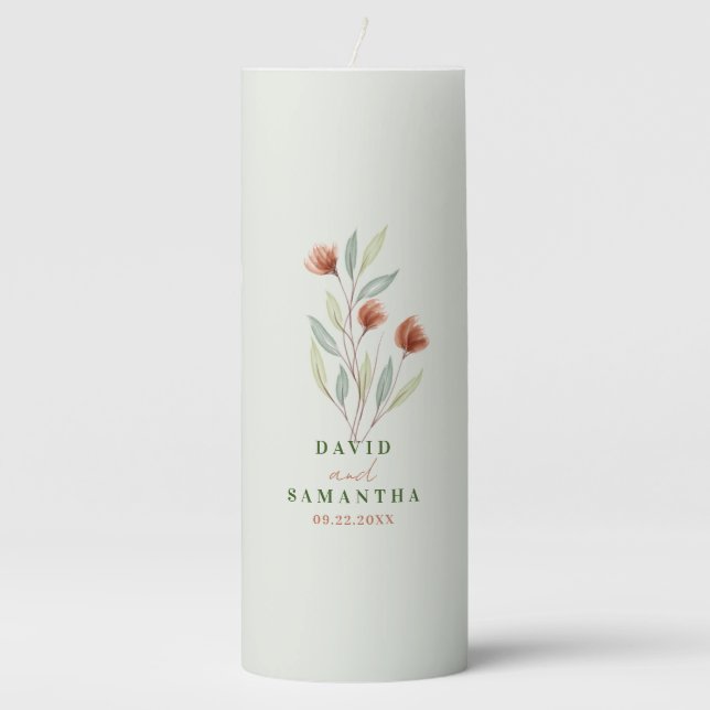 Watercolor Flowers Pastel Green Pillar Candle (Front)