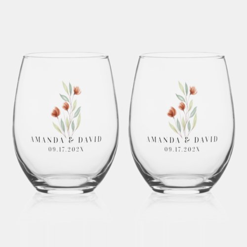 Watercolor Flowers Pastel Green Stemless Wine Glass