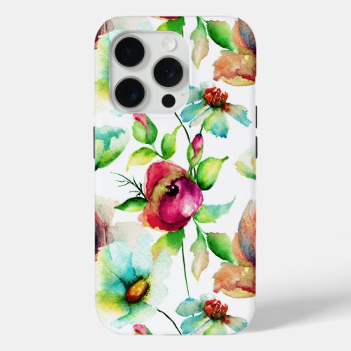 Watercolor Flowers Pattern Illustration iPhone 15 Pro Case