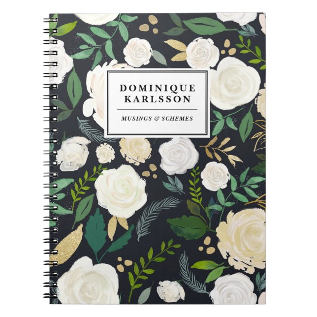 Watercolor Flowers Pattern in Faux Chalkboard Gold Notebook (Front)