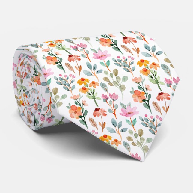 Watercolor Flowers Pattern Neck Tie (Rolled)