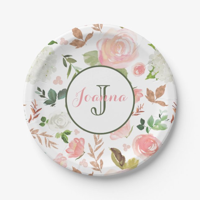 Watercolor Flowers Pattern Paper Plates (Front)