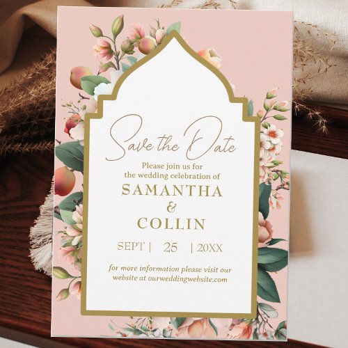 Watercolor Flowers Peach Fruit Gold Save the Date Invitation