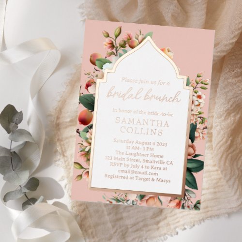 Watercolor Flowers Peach Rose Gold Bridal Brunch Foil Invitation