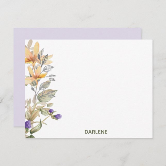 Watercolor Flowers Personalized Flat Note Card (Front/Back)
