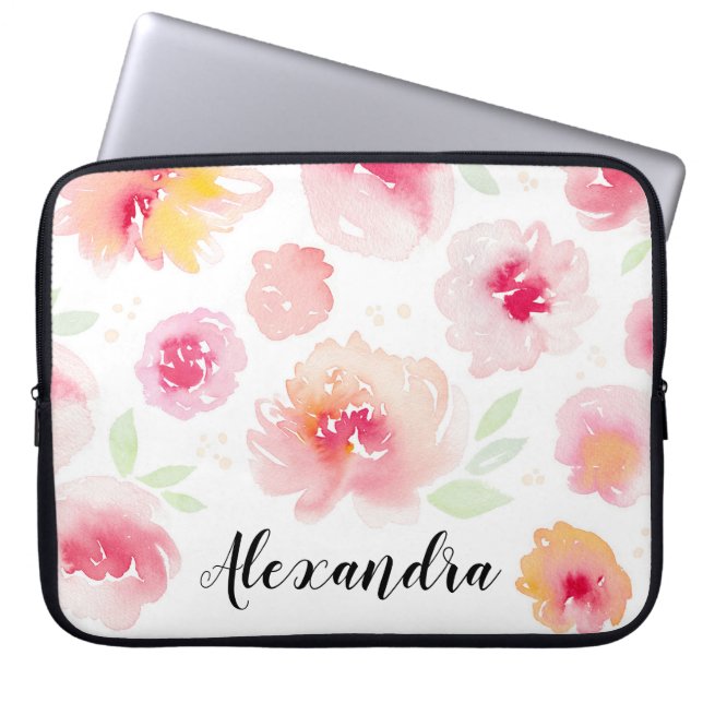 Watercolor Flowers Personalized Name Laptop Sleeve (Front)