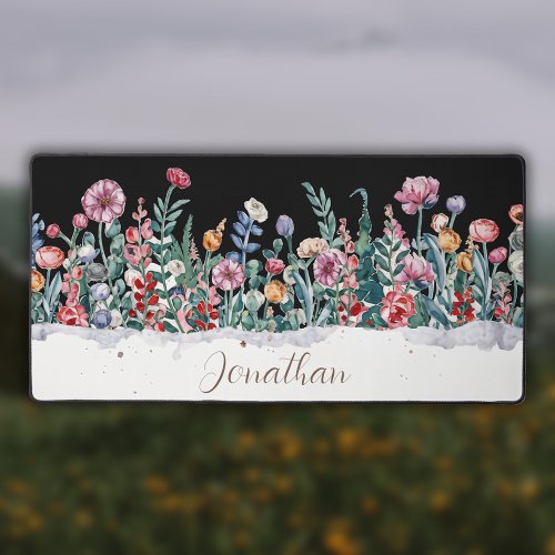 Watercolor Flowers Personalized Script Name Desk Mat