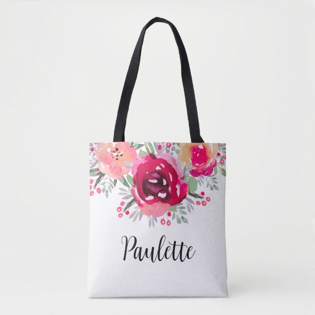 Watercolor Flowers Personalized Tote Bag (Front)