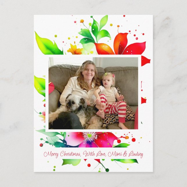 Watercolor Flowers Photo Christmas Postcard (Front)