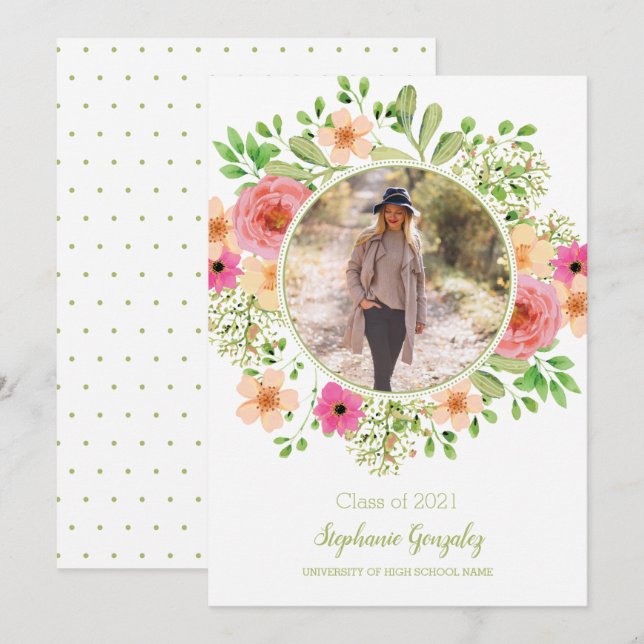 Watercolor Flowers Photo Graduation Announcement (Front/Back)