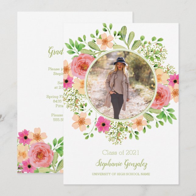 Watercolor Flowers Photo Graduation Party Invite (Front/Back)