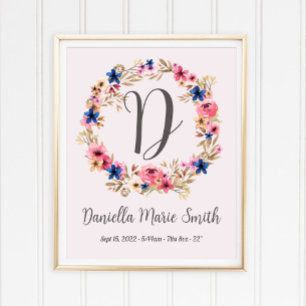 Watercolor Flowers Pink Baby Girl Name Birth Stats Poster