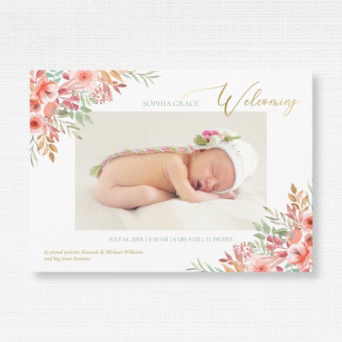 Watercolor Flowers Pink Baby Girl Photo Birth Announcement