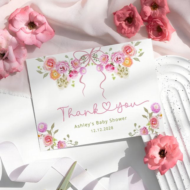 Watercolor Flowers Pink Baby Shower Thank You Card (Creator Uploaded)