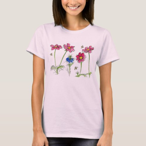 Watercolor Flowers Pink Cosmos Honey Bees T_Shirt