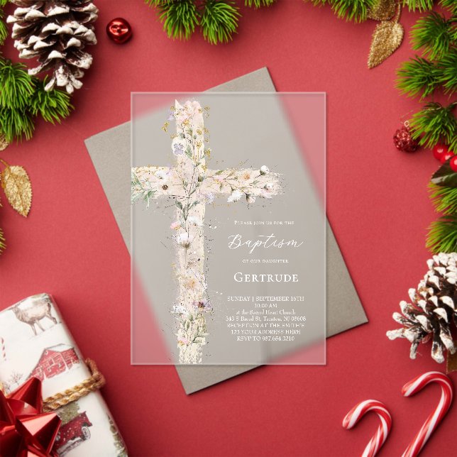 watercolor flowers pink cross Baptism Invitation (Insitu (Holiday))