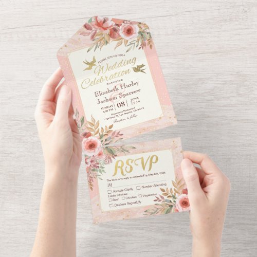 Watercolor Flowers Pink Gold Confetti Wedding RSVP All In One Invitation