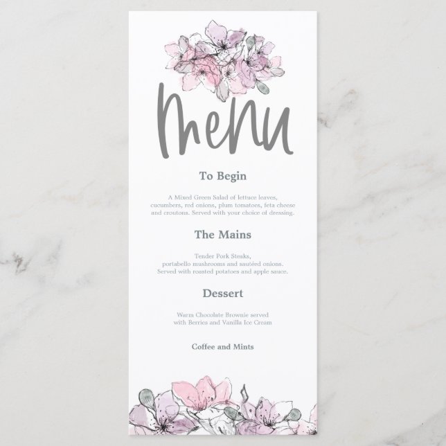 Watercolor Flowers Pink Lilac Script wedding Menu (Front)