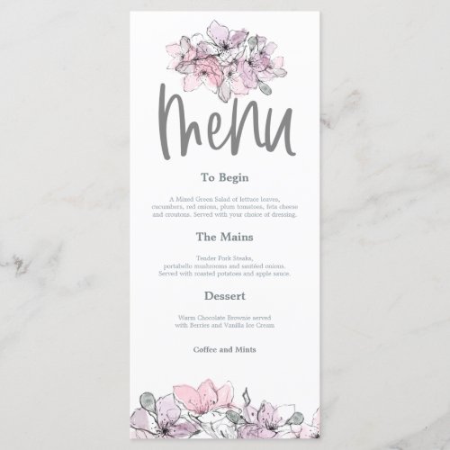 Watercolor Flowers Pink Lilac Script wedding Menu