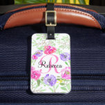 Watercolor Flowers Pink Monogram Luggage Tag