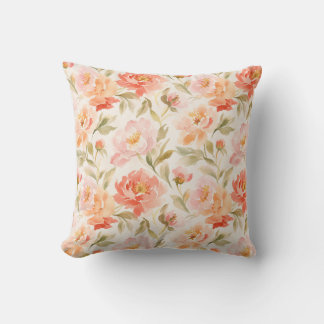 Watercolor Flowers Pink Orange Green Leaves Throw Pillow